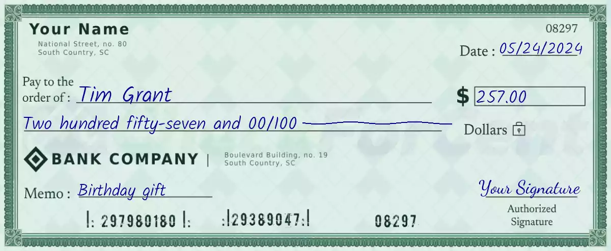 Example of a 257 dollar check