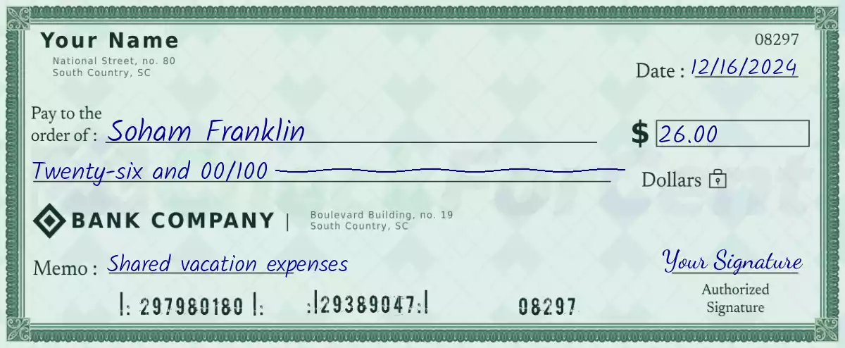 Example of a 26 dollar check