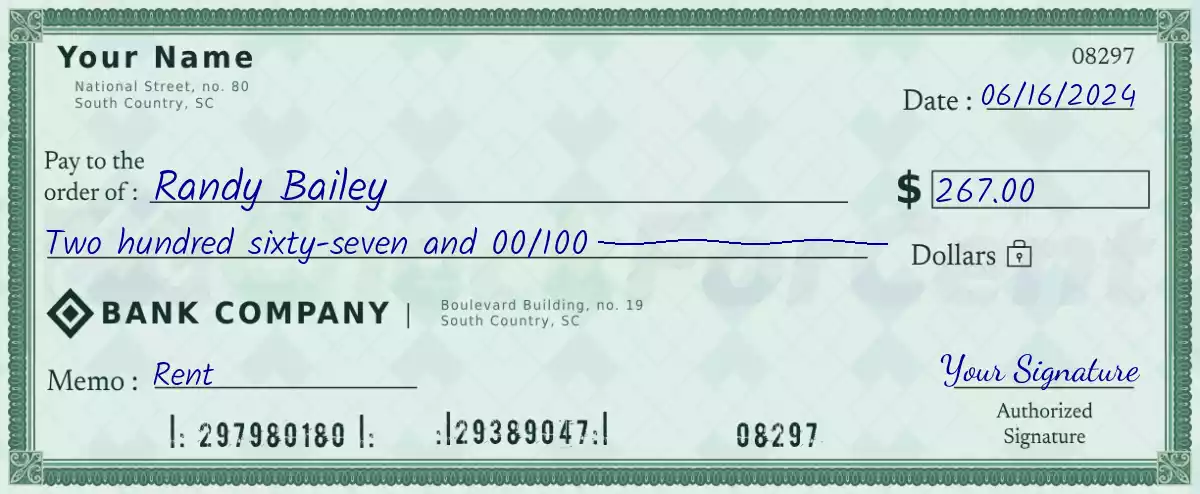 Example of a 267 dollar check