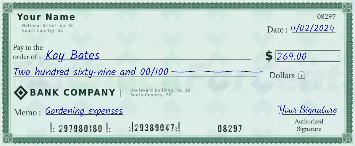 Example of a 269 dollar check
