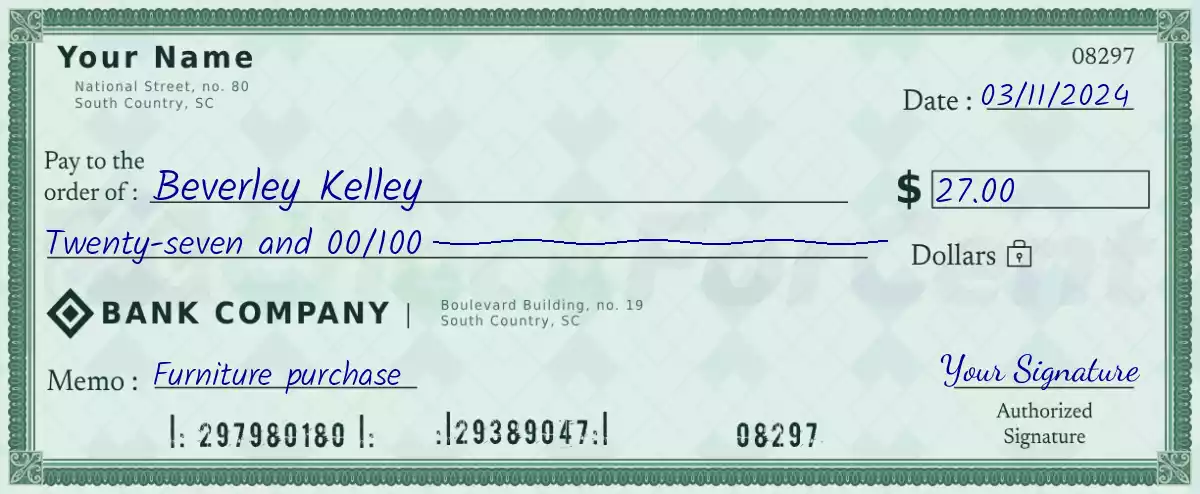 Example of a 27 dollar check