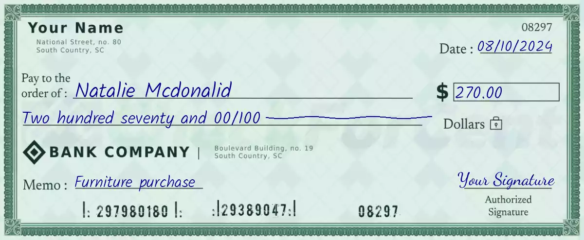 Example of a 270 dollar check
