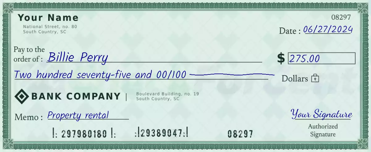Example of a 275 dollar check