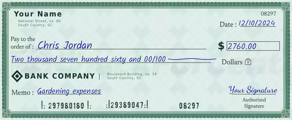 Example of a 2760 dollar check