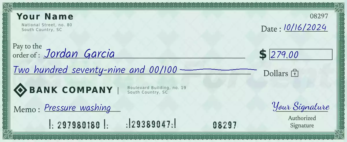 Example of a 279 dollar check