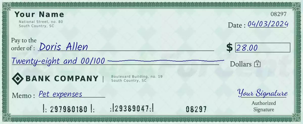 Example of a 28 dollar check