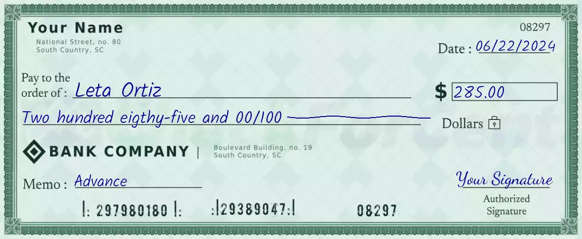 Example of a 285 dollar check