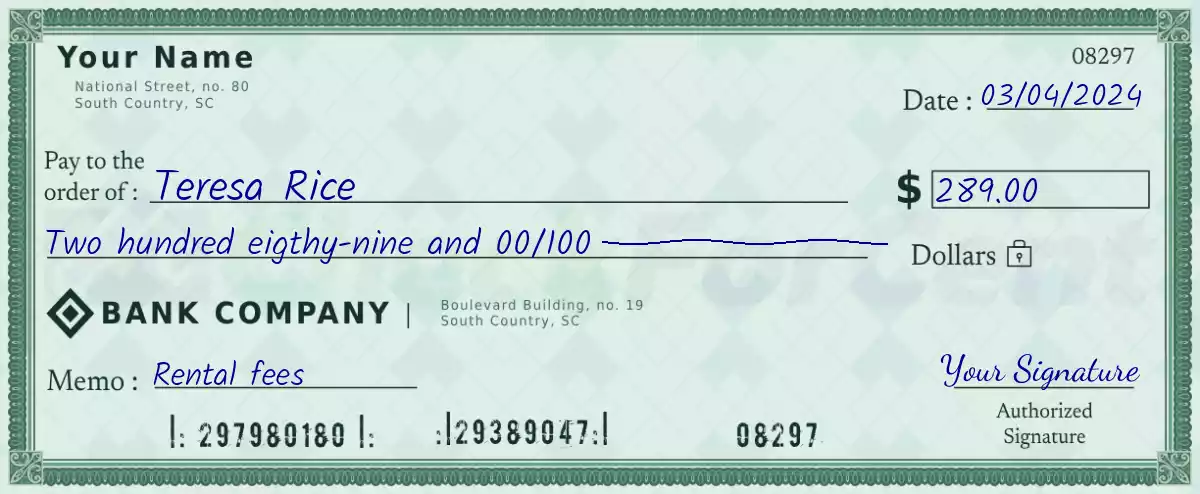 Example of a 289 dollar check
