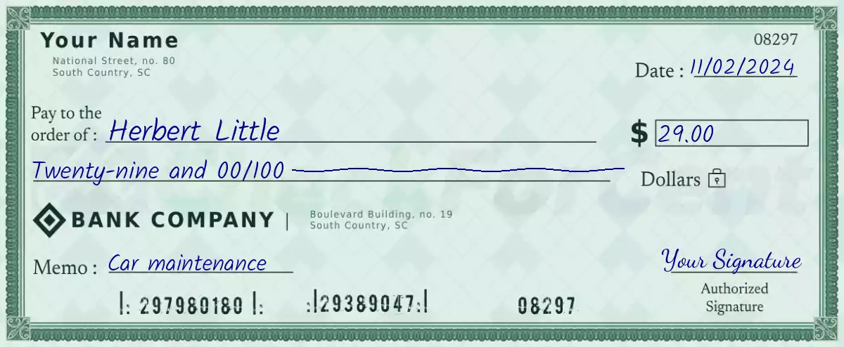 Example of a 29 dollar check