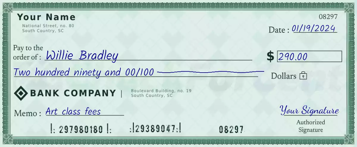 Example of a 290 dollar check