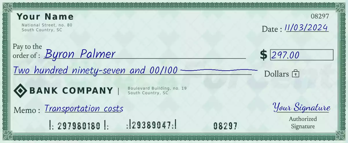 Example of a 297 dollar check