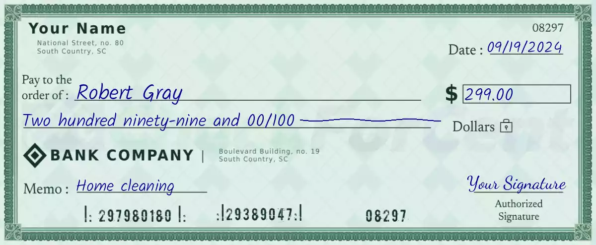 Example of a 299 dollar check