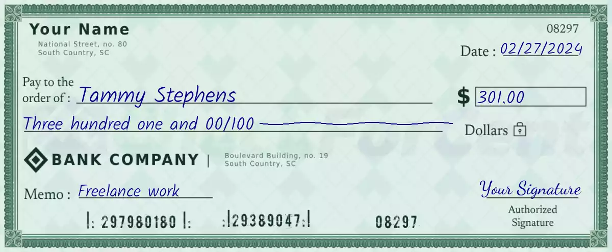 Example of a 301 dollar check