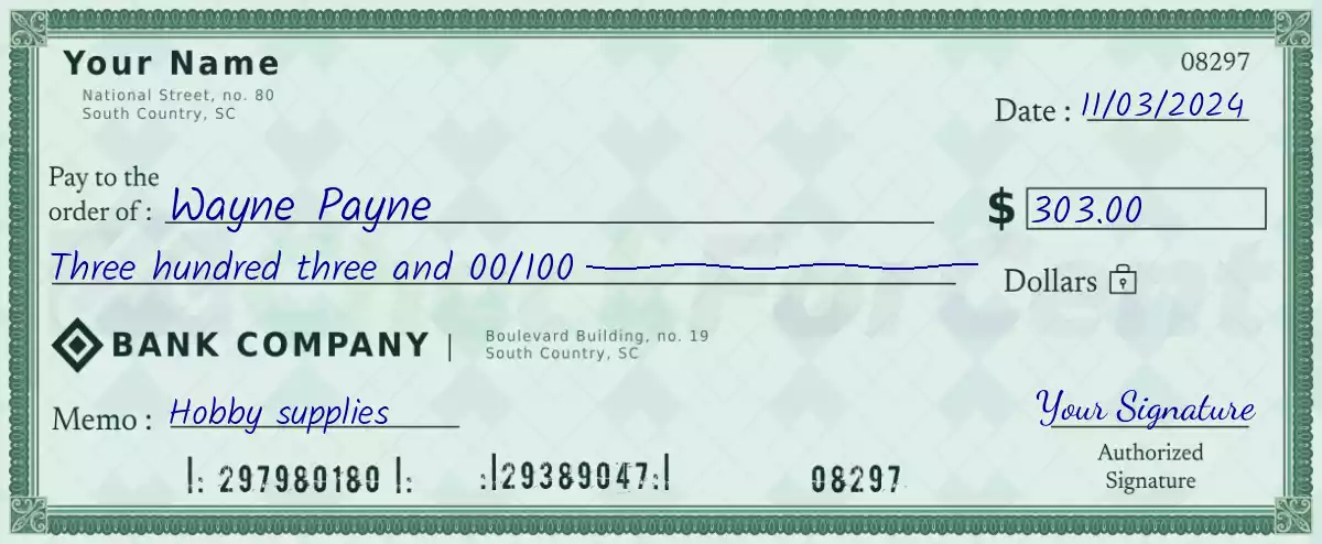Example of a 303 dollar check