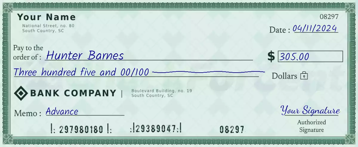 Example of a 305 dollar check