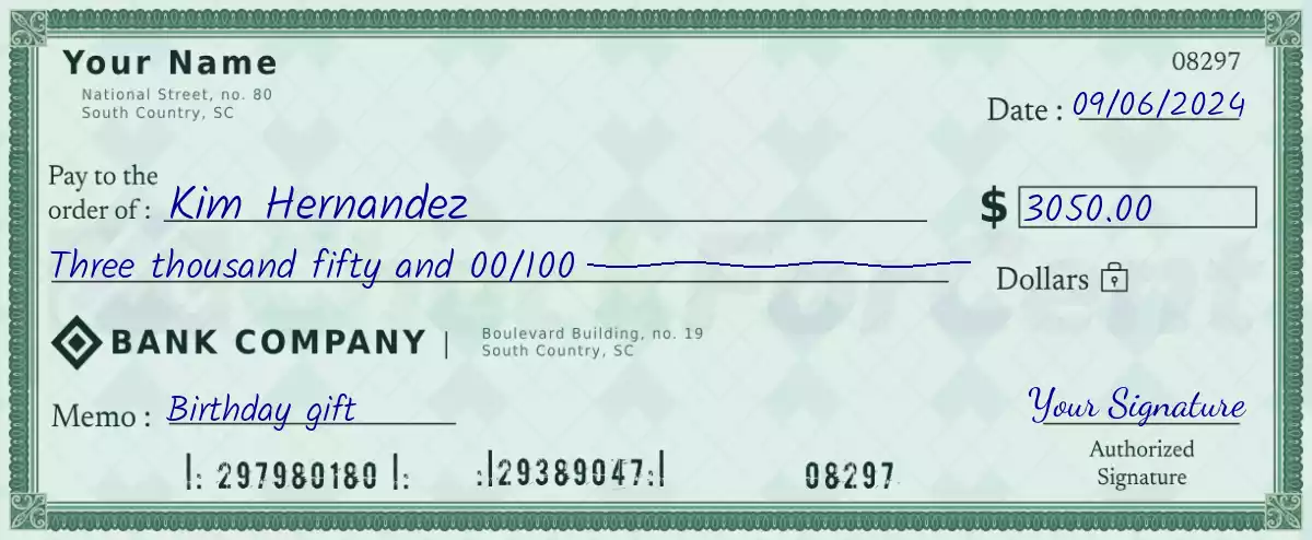 Example of a 3050 dollar check