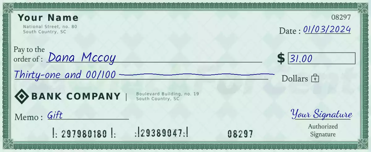 Example of a 31 dollar check