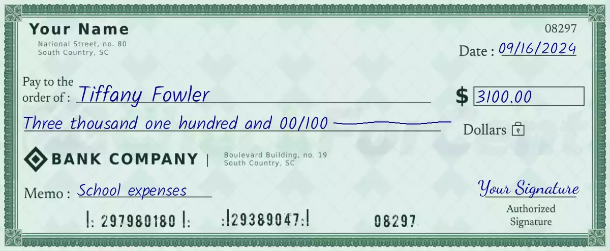 Example of a 3100 dollar check