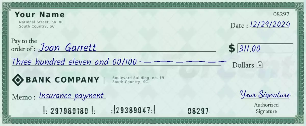 Example of a 311 dollar check