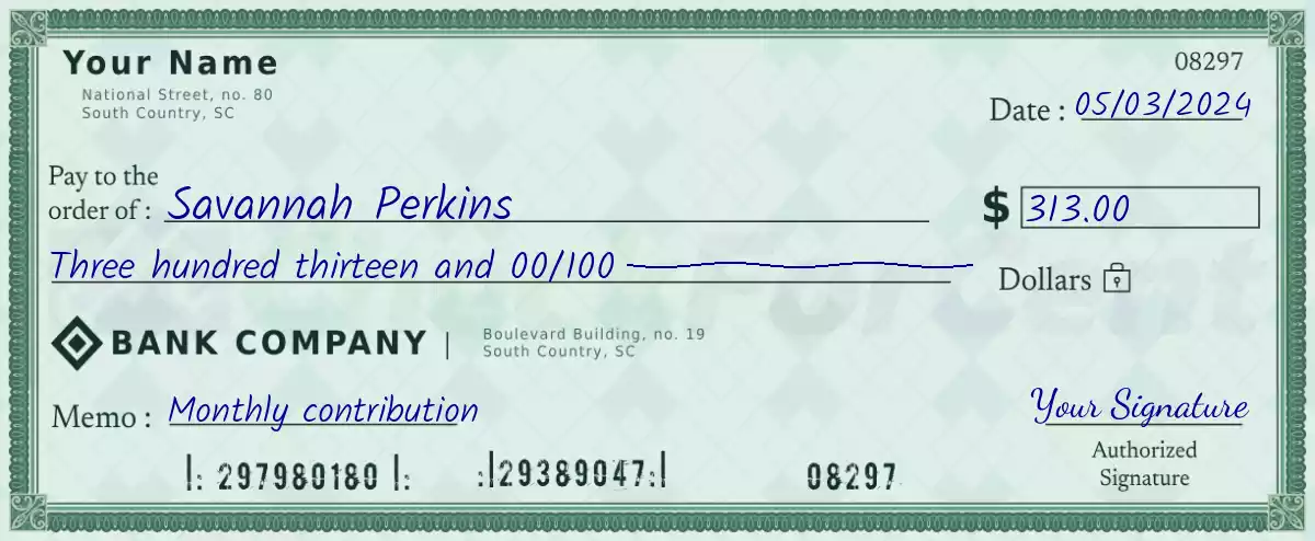 Example of a 313 dollar check