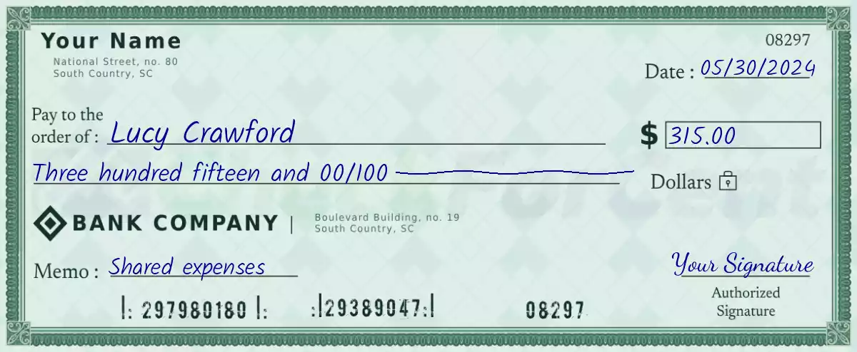 Example of a 315 dollar check
