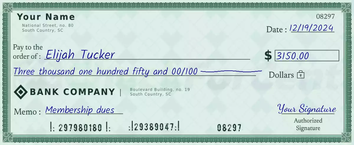 Example of a 3150 dollar check