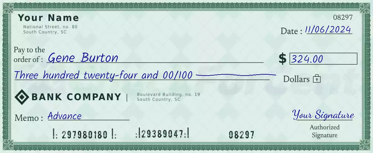 Example of a 324 dollar check
