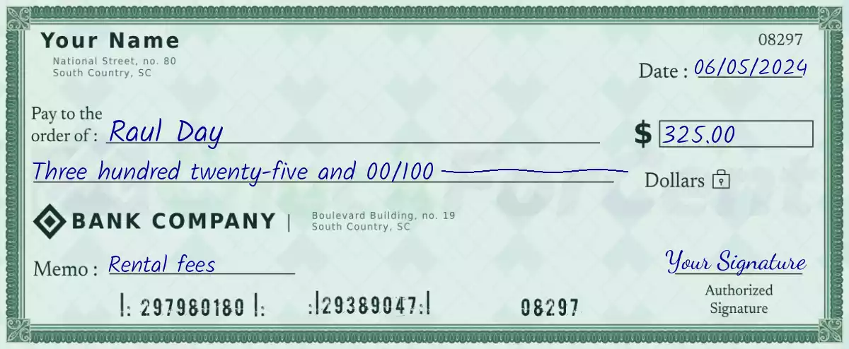 Example of a 325 dollar check