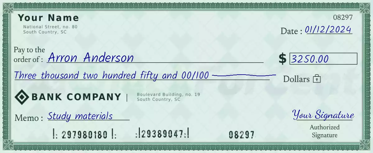 Example of a 3250 dollar check
