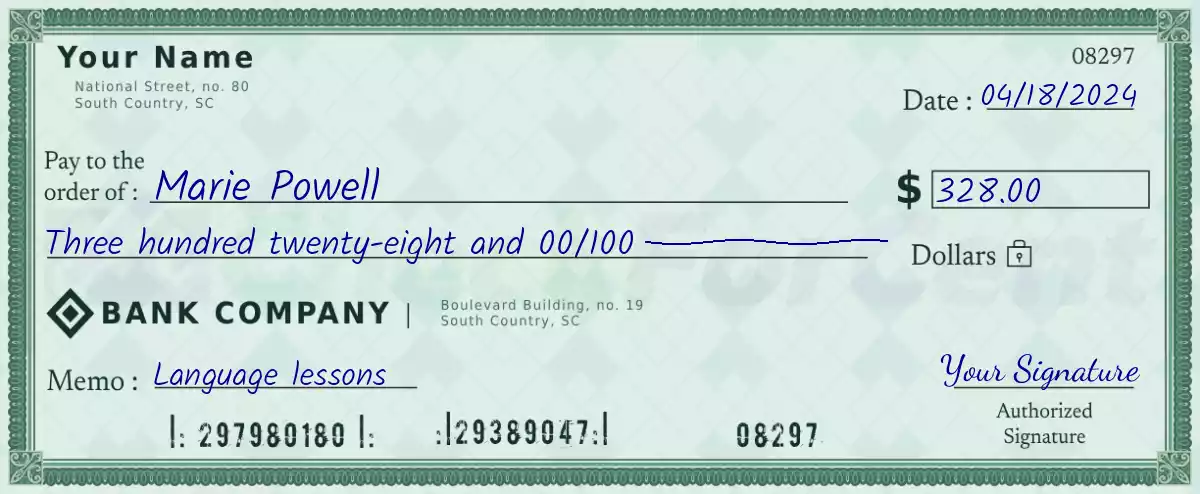 Example of a 328 dollar check