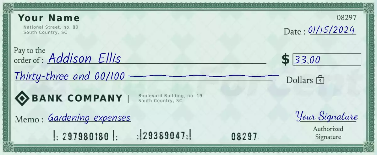 Example of a 33 dollar check