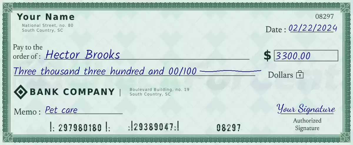 Example of a 3300 dollar check