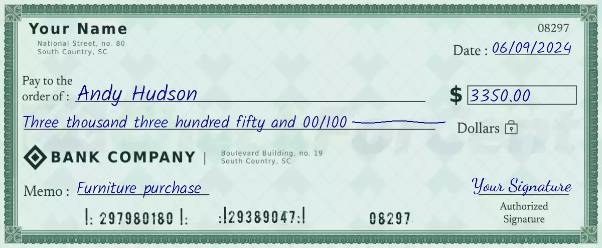Example of a 3350 dollar check