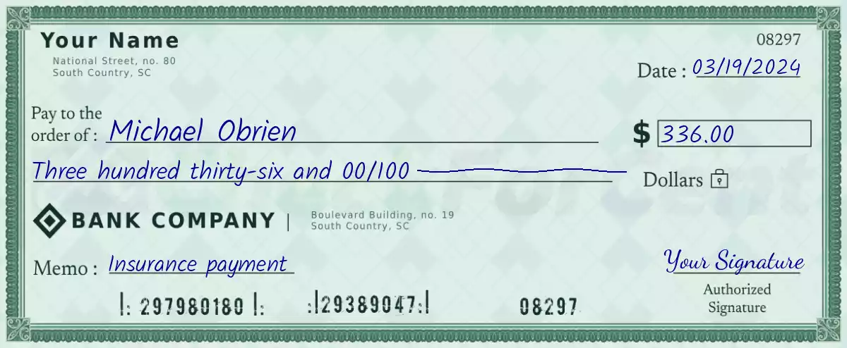 Example of a 336 dollar check