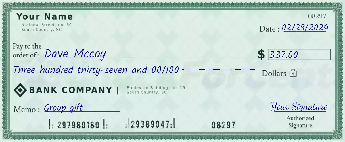 Example of a 337 dollar check
