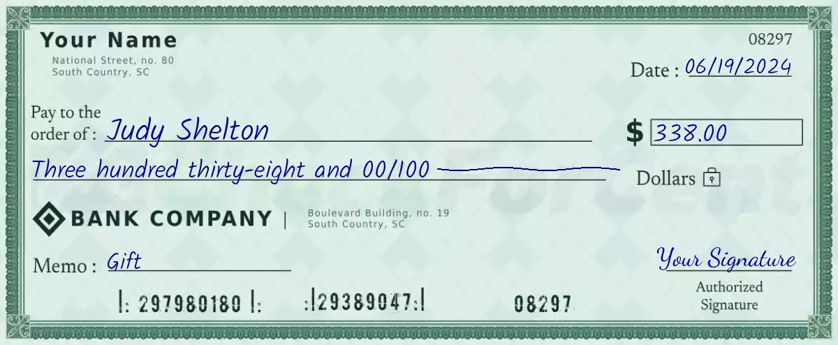 Example of a 338 dollar check