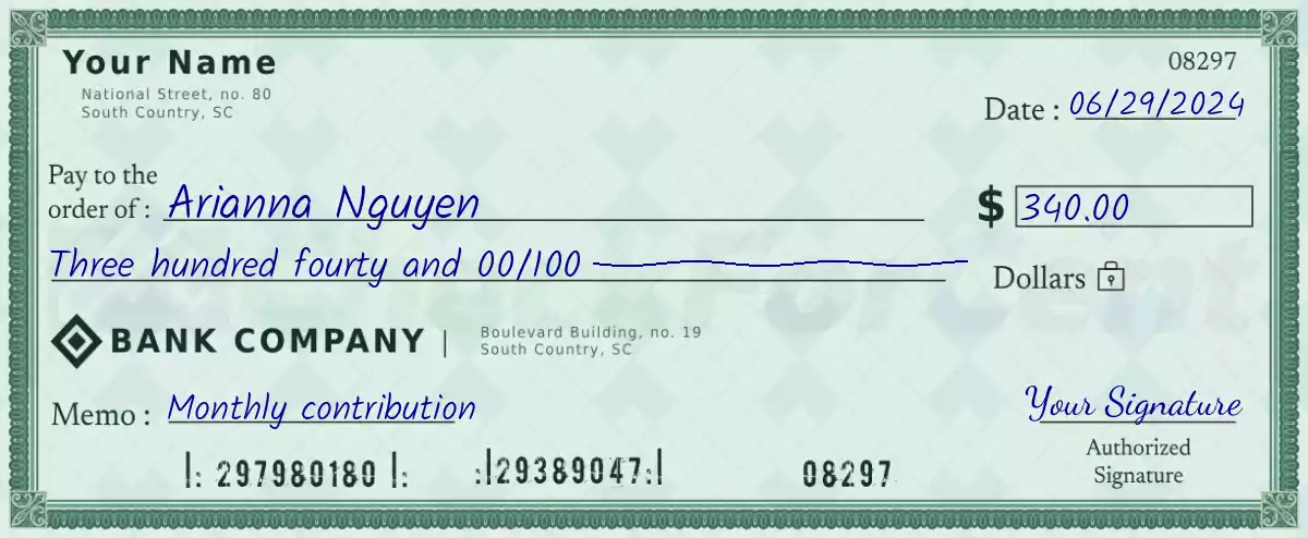 Example of a 340 dollar check