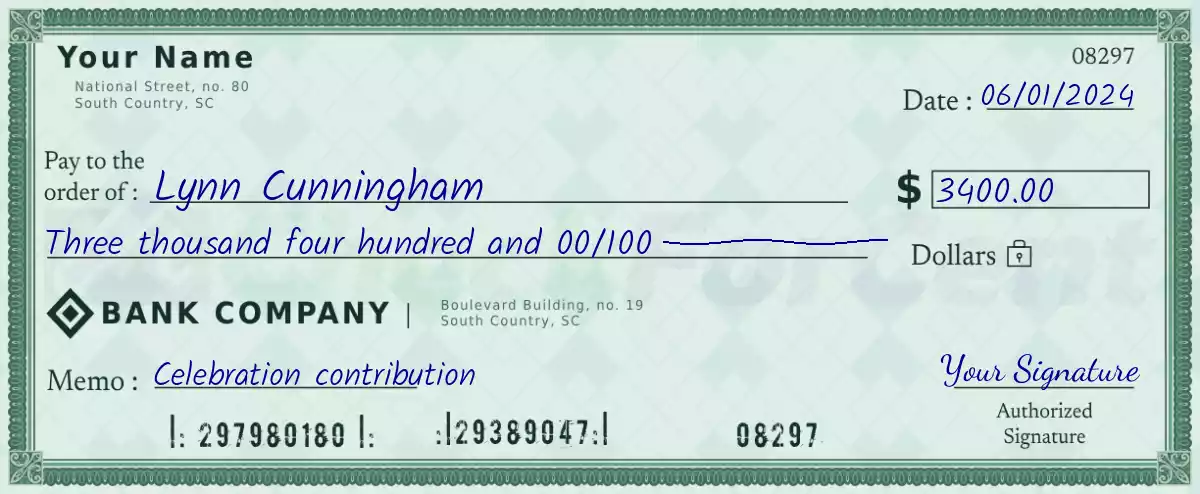 Example of a 3400 dollar check