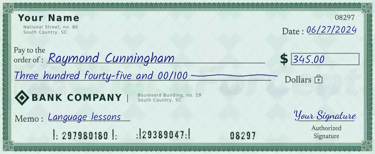 Example of a 345 dollar check