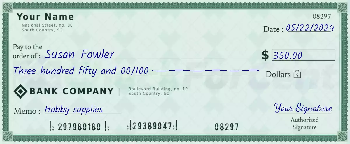 Example of a 350 dollar check