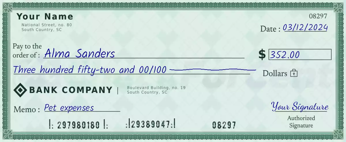 Example of a 352 dollar check