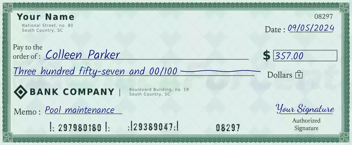 Example of a 357 dollar check