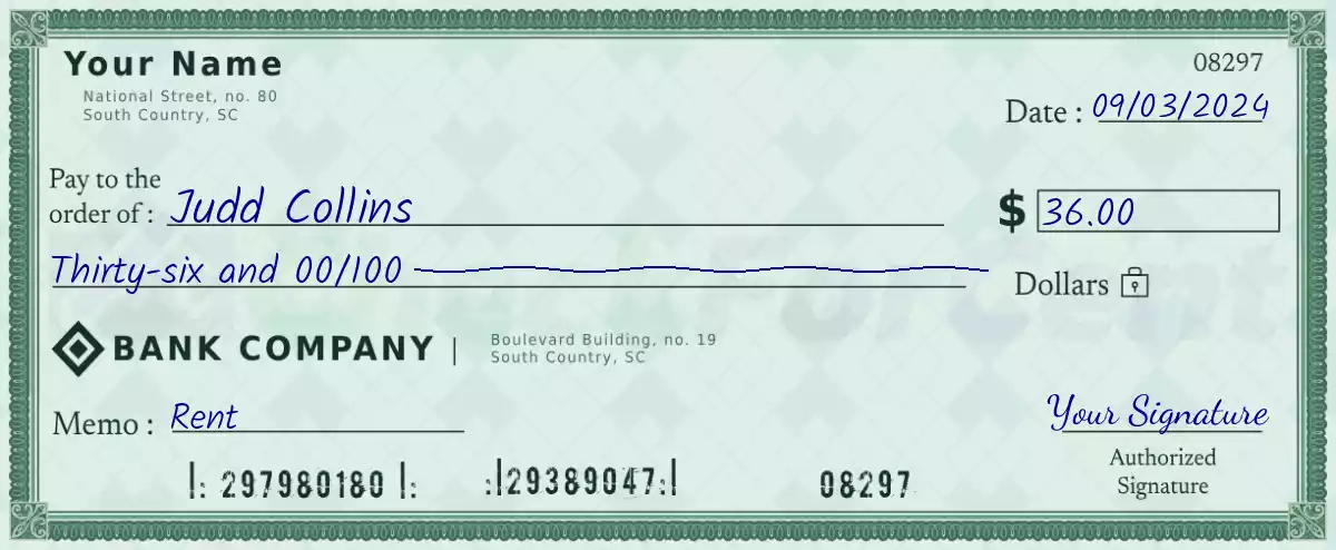 Example of a 36 dollar check