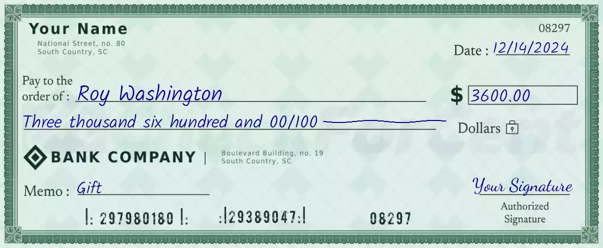 Example of a 3600 dollar check