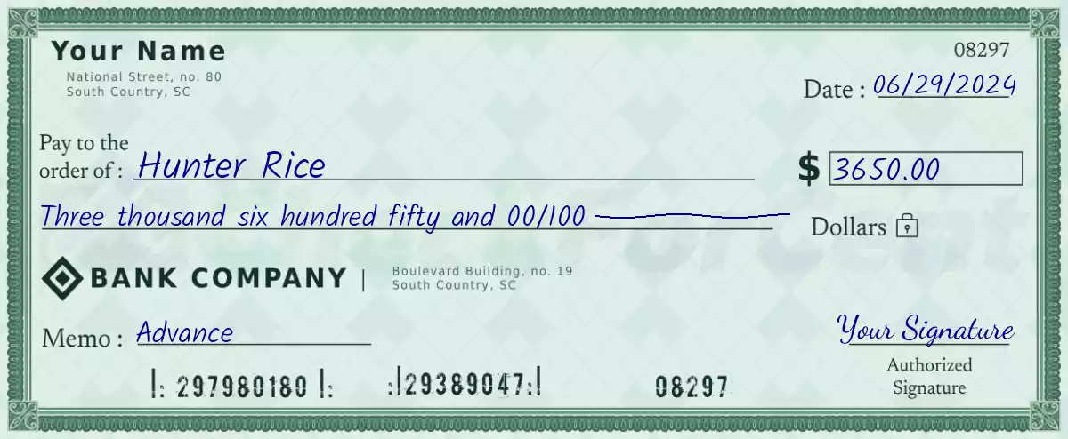 Example of a 3650 dollar check