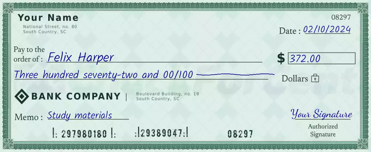 Example of a 372 dollar check