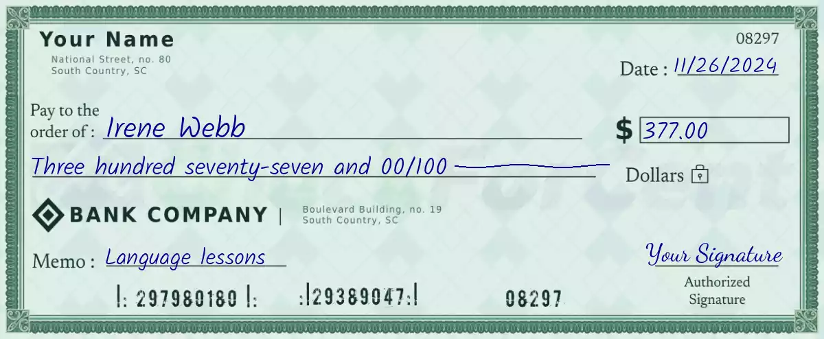 Example of a 377 dollar check