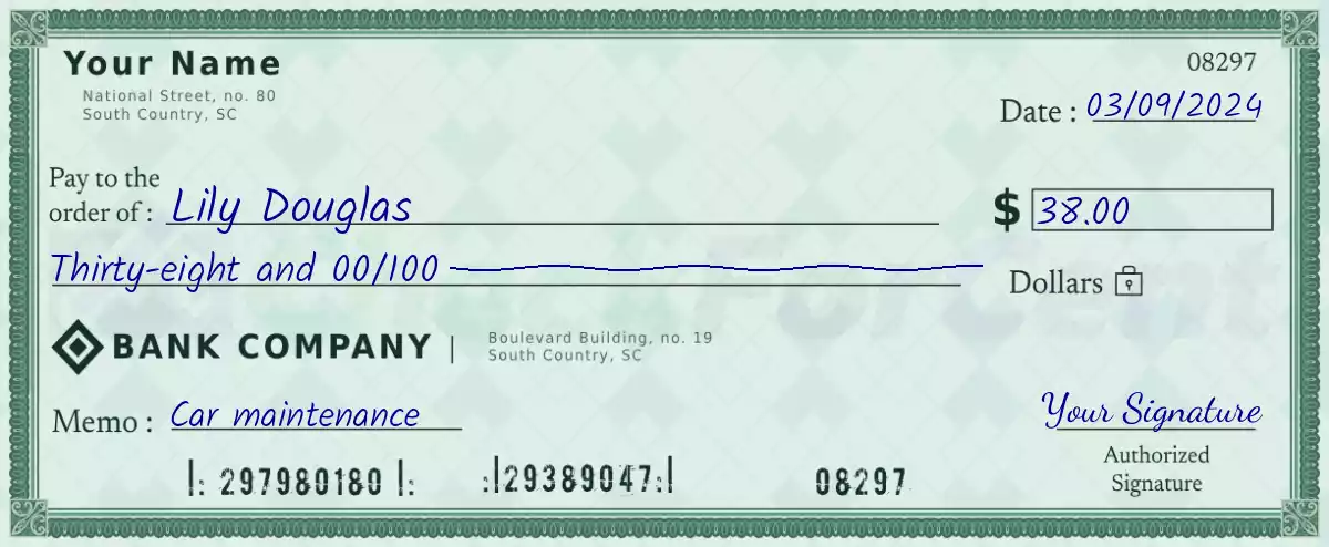 Example of a 38 dollar check
