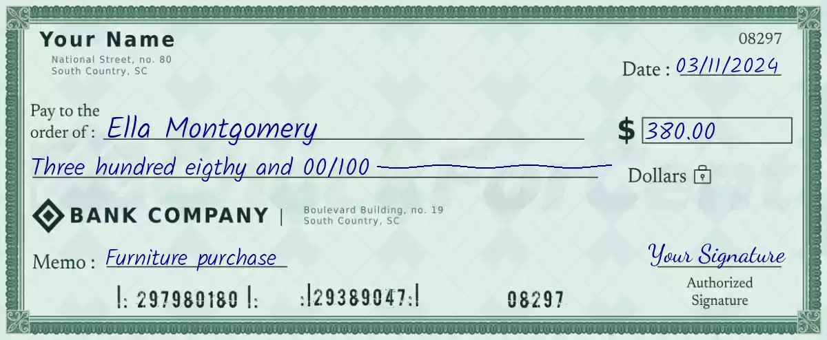 Example of a 380 dollar check