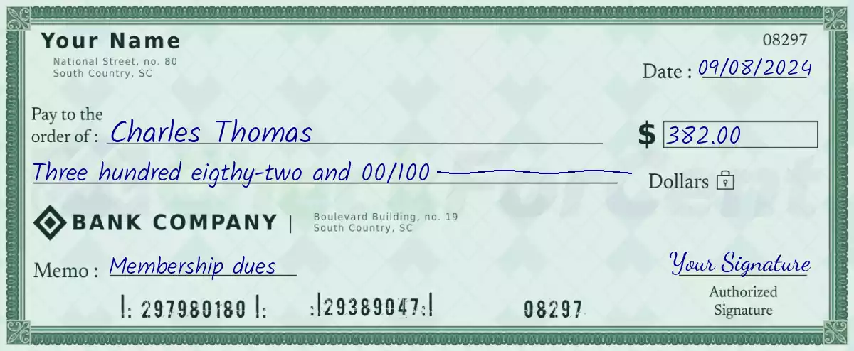 Example of a 382 dollar check